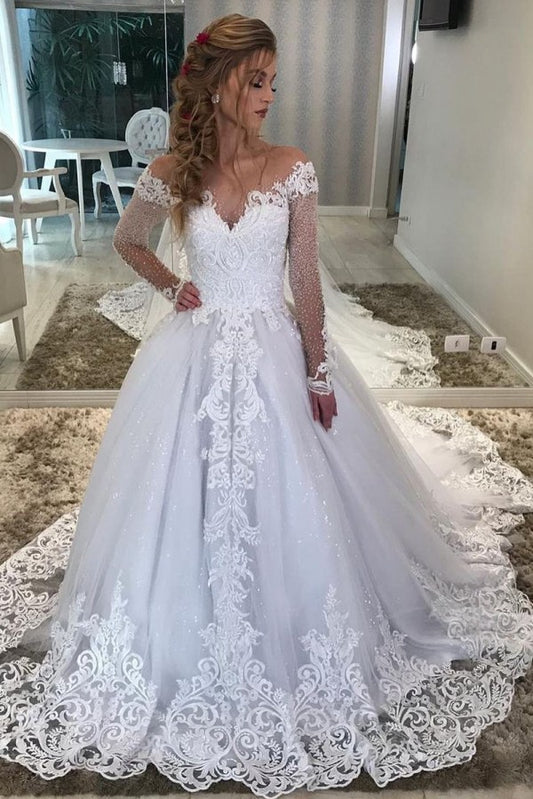 Elegant Sweetheart Neckline Off-the-Shoulder A-Line Gown with Long Sleeves, Appliques, Lace, and Sequins