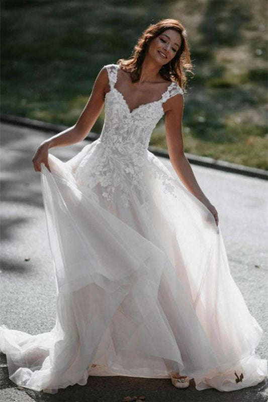 A-Line Wedding Dress with Lace Cap Sleeves in Tulle