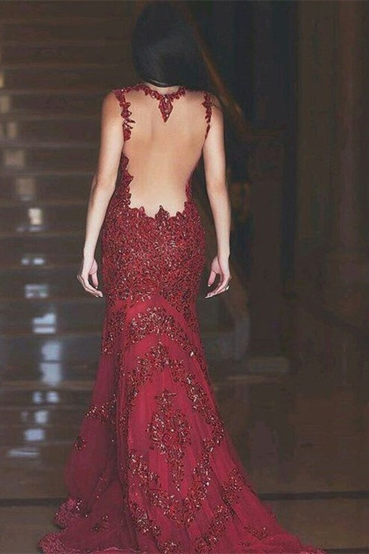 Gorgeous Burgundy Lace Appliques Prom Dress Mermaid Party Gowns