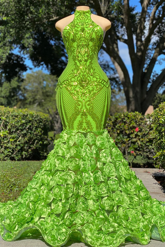 Fabulous High Neck Sleeveless Prom Dress Mermaid Green With Rose Bottom Sequins