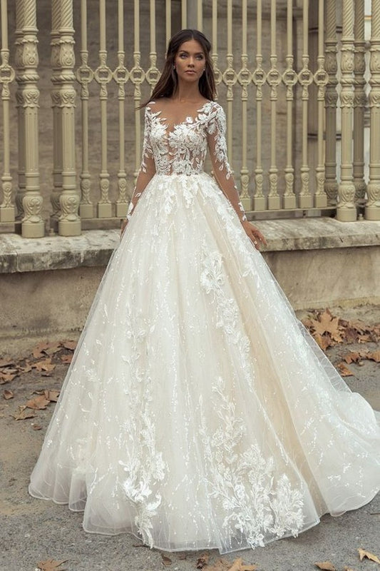 A-Line Wedding Dress with Elegant Long Sleeves and Bateau Train, Featuring Appliques Lace
