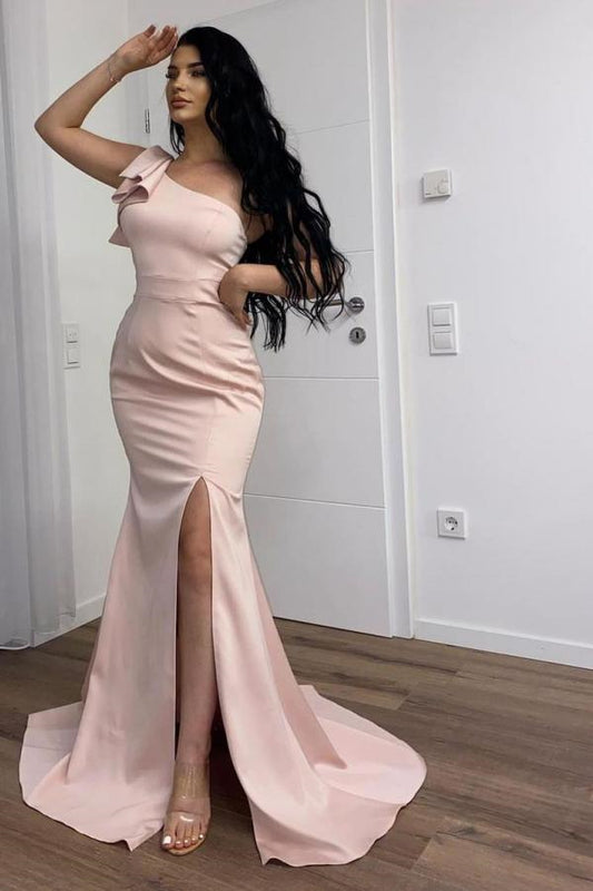 Classy One Shoulder Pink Mermaid Prom Dress With Split Long
