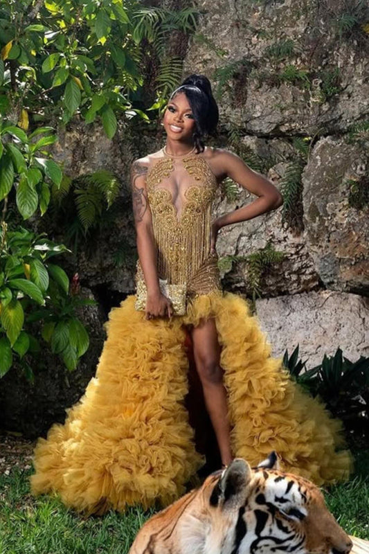 Modern Gold Sleeveless Prom Dress Split With Beadings Tulle Ruffles