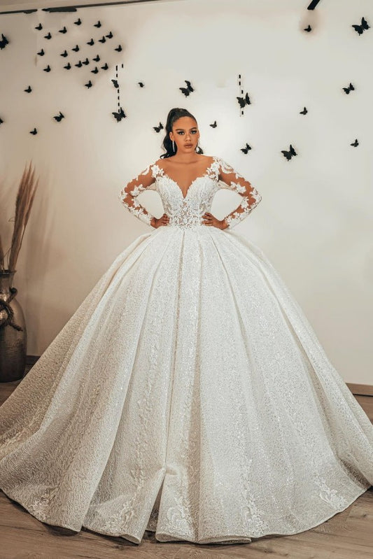 Elegant Sweetheart Ball Gown with Long Sleeves, Ruffles, and Lace Appliques Sequins