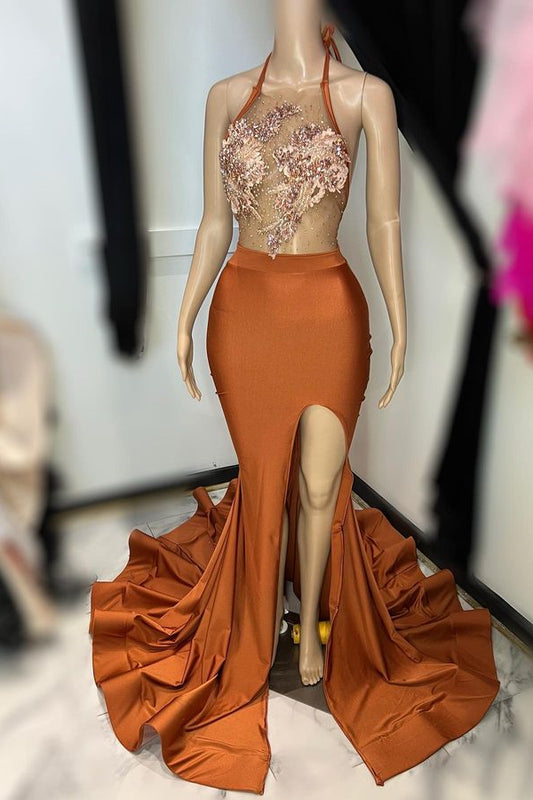 Gorgeous Burnt Orange Halter Sleeveless Mermaid Prom Dress Appliques With Split