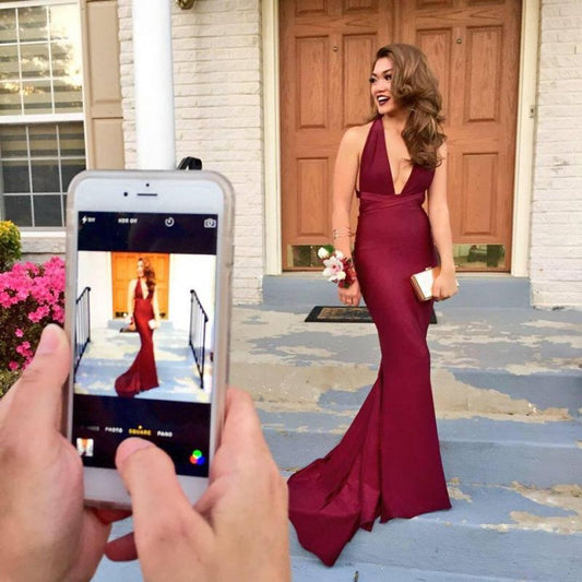 Gorgeous Burgundy V-Neck Sleeveless Prom Dress Mermaid