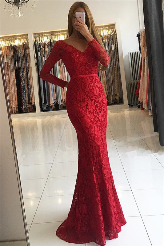 Elegant Long Sleeves Red Lace Prom Dress V-Neck Memaid Party Gowns