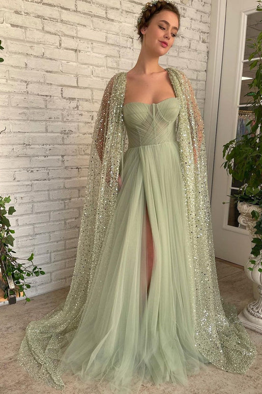 Gorgeous Sage Green Strapless Tulle Prom Dress Long Split With Sequins Cape
