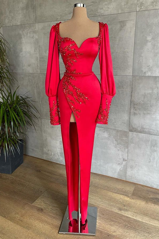 Amazing Red Long Sleeves Prom Dress Mermaid Sweetheart With Beadings Split