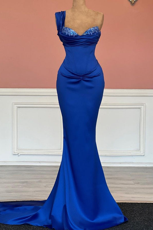 Gorgeous Royal Blue One Shoulder Sweetheart Mermaid Prom Dress With Sequins