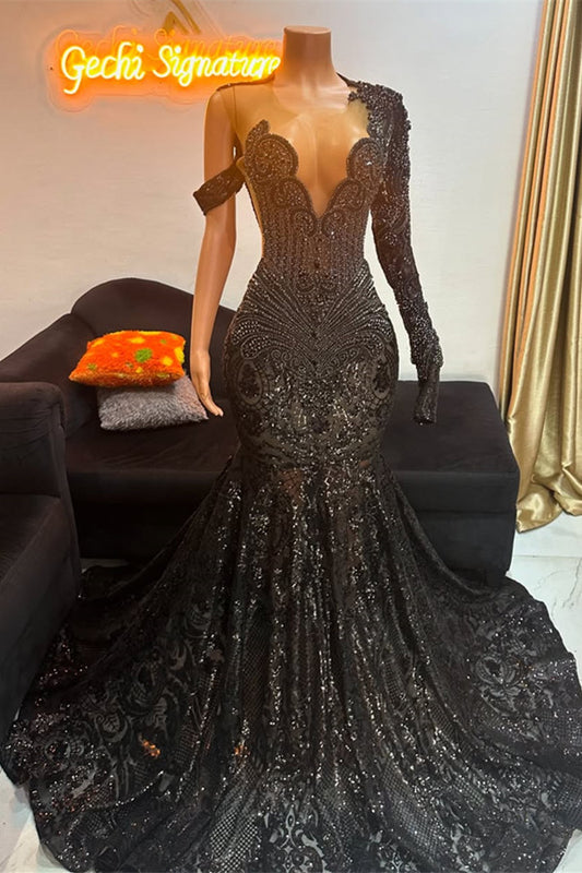 Modern Black One Shoulder Long Sleeve Prom Dress Mermaid Sequins With Beadings