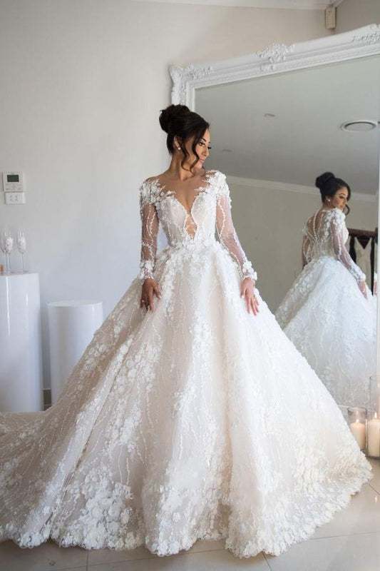 Elegant Sweetheart A-line Wedding Gown with Open Back and Long Lace Sleeves