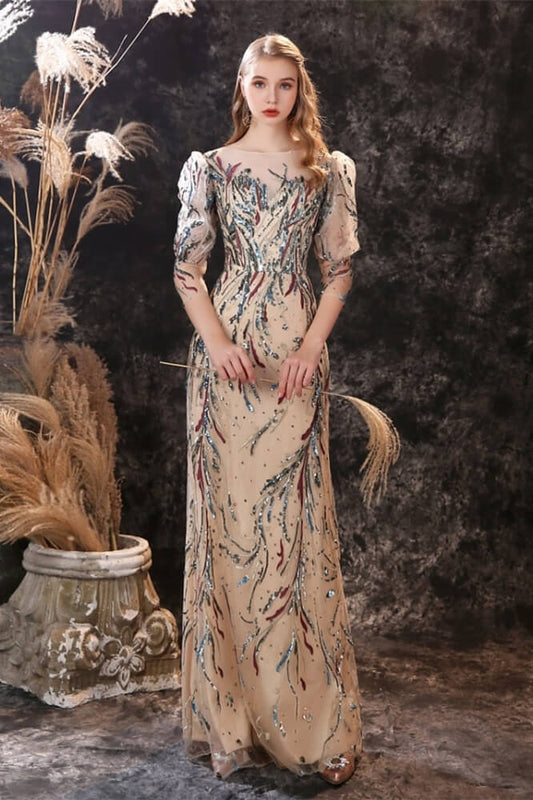 New Arrival Half Sleeves Sequins Mermaid Prom Gown Long Sheer