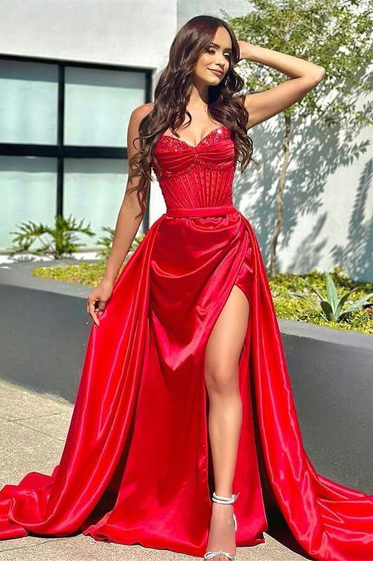 Fabulous Red Sleeveless Mermaid Prom Gown Sweetheart With Split Overskirt Long