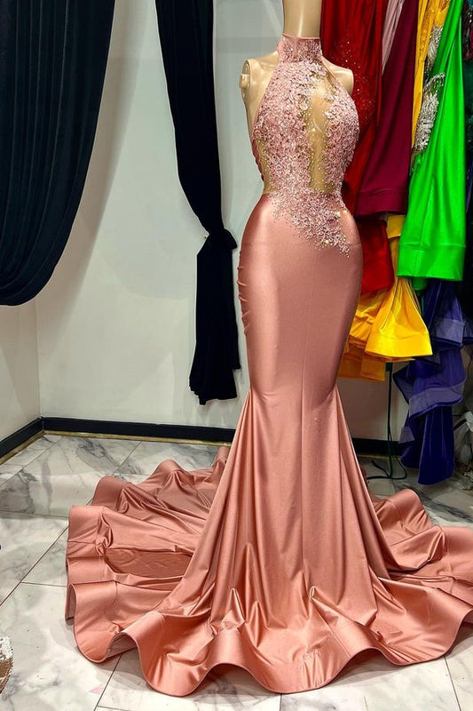 Modern Dusty Pink High Neck Sleeveless Mermaid Prom Dress With Lace Appliques