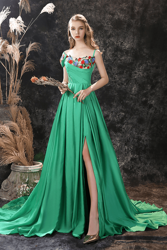 Gorgeous Green Off-the-Shoulder Long Prom Dresses Split With Flower Embrodiary