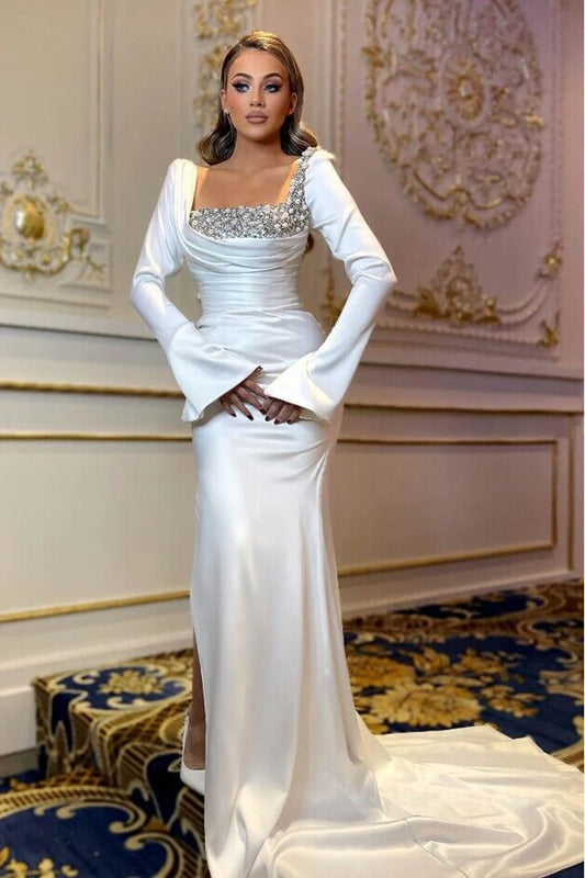 Beautiful Long Sleeves Square Prom Dresses Mermaid Slit With Beads Pearls