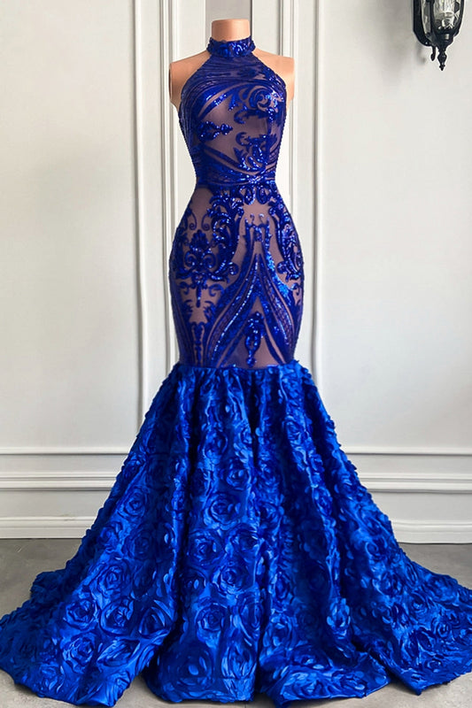 Chic High Neckk Royal Blue Sequins Prom Dresses Mermaid With Flowers Bottom