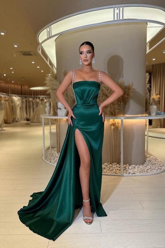 Amazing Dark Green Straps Prom Dress Mermaid Sleeveless Split With beads