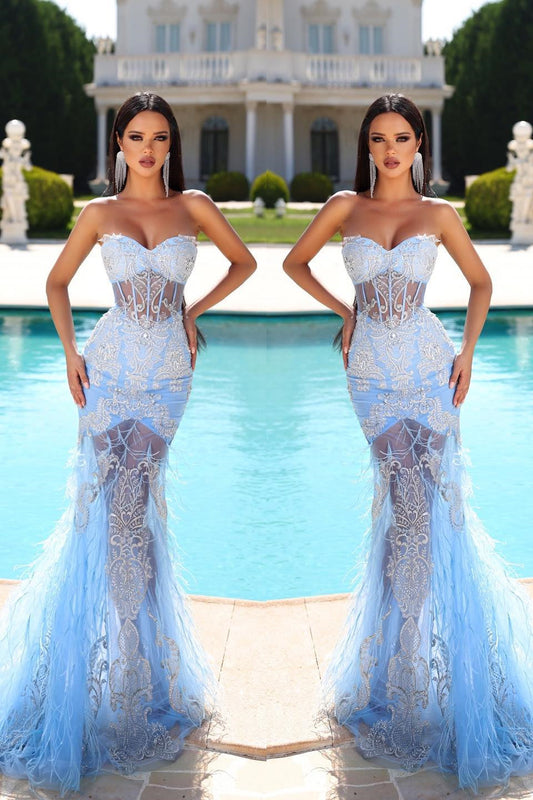 Elegant Sky Blue Sweetheart Mermaid Prom Dress With Lace Appliques Feathers