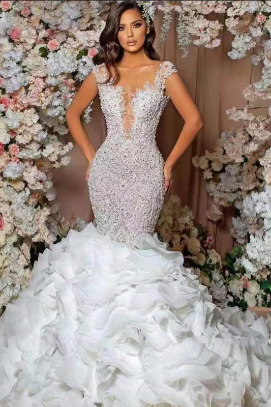 Elegant Mermaid Wedding Gown with Cap Sleeves and Lace Ruffles