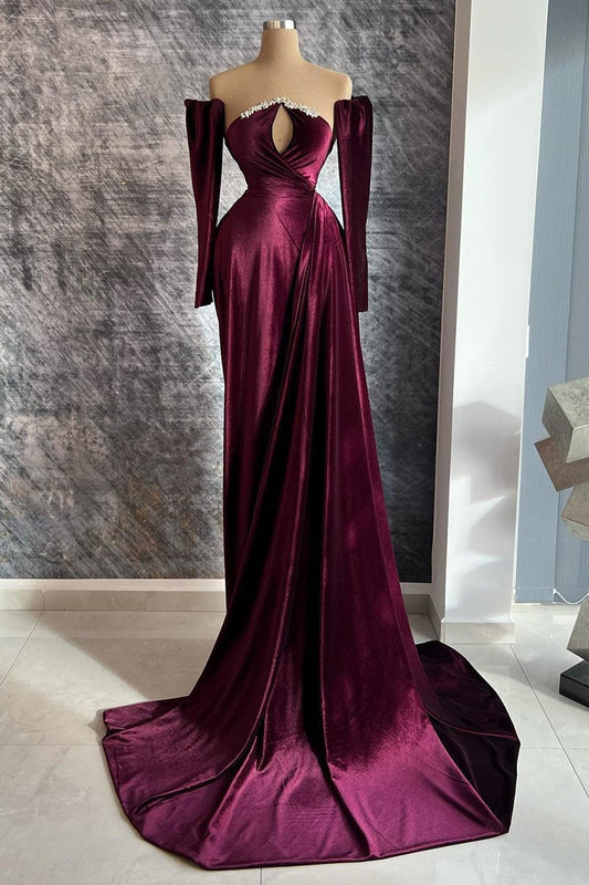 New Arrival Keyhole Long Velvet Prom Dress Detachable Sleeves With Beads