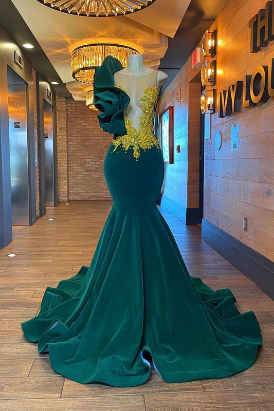 Modern Dark Green One Shoulder Mermaid Prom Dress With Appliques