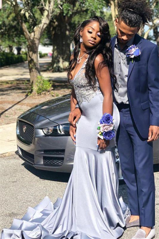 Gorgeous Spaghetti-Straps Mermaid Prom Dress Sleeveless V-Neck With Appliques