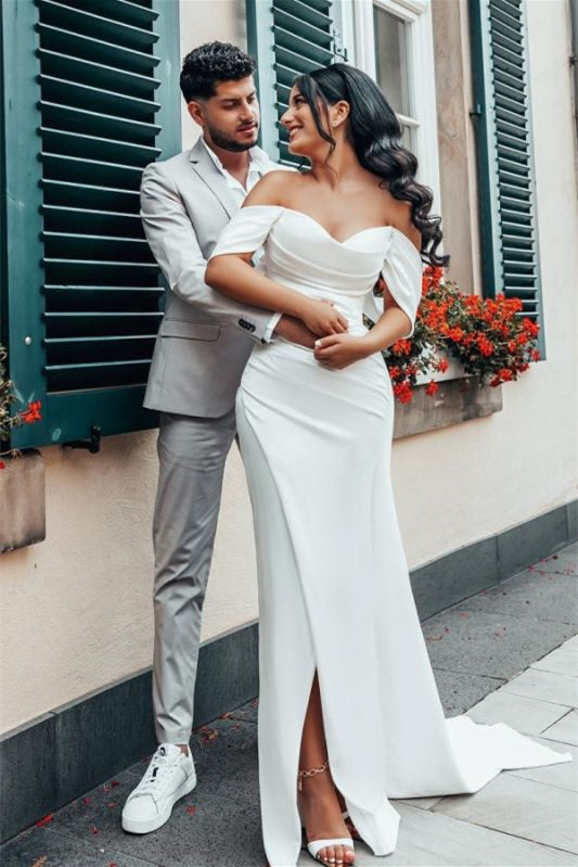 Charmeuse Wedding Gown Featuring an Off-The-Shoulder Neckline and Side Split