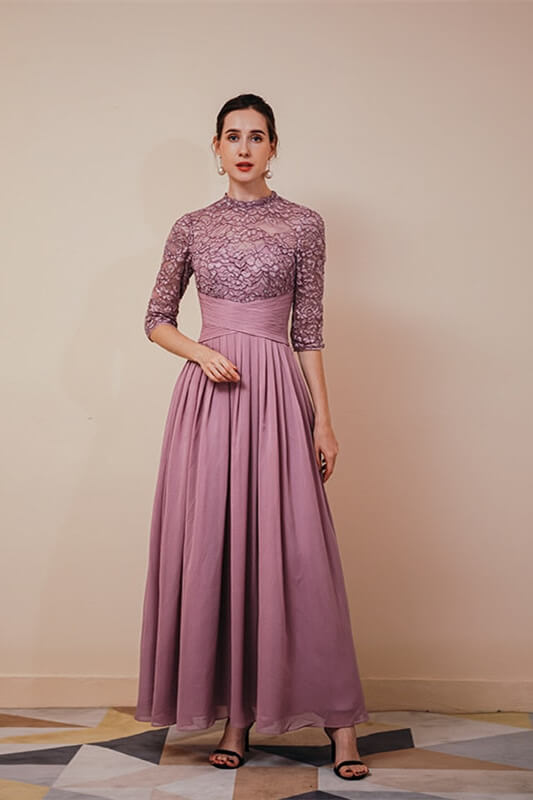 New Arrival Wisteria Half Sleeves Chiffon Prom Dress Long With Lace