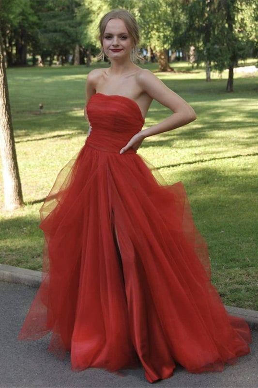 Gorgeous Strapless Split Tulle Long Prom Dress