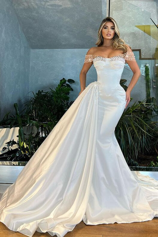 Elegant White Off-The-Shoulder Mermaid Wedding Dress with Satin Ruffles and Pearls