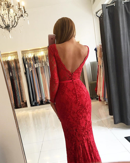 Elegant Long Sleeves Red Lace Prom Dress V-Neck Memaid Party Gowns