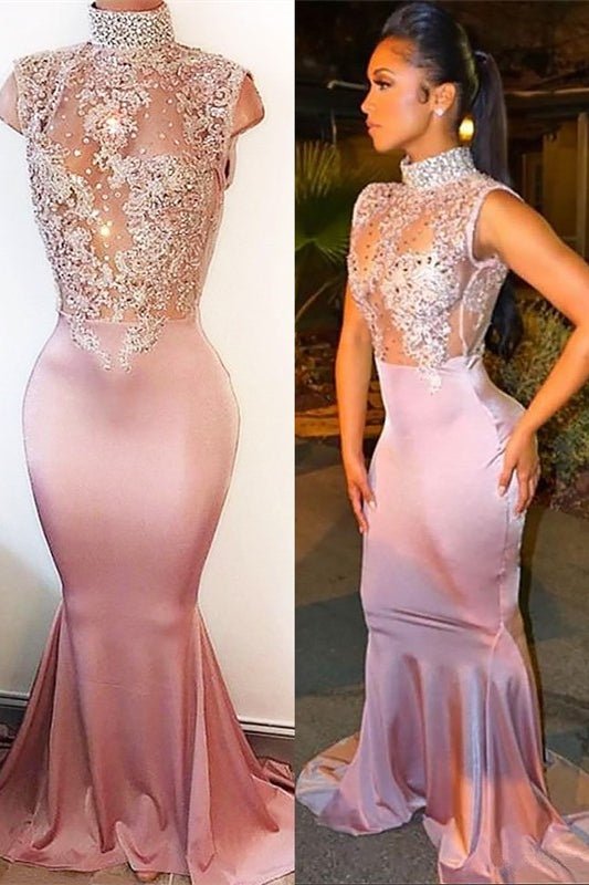 Chic Dusty Pink High Neck Mermaid Prom Dress Sleeveless With Appliques