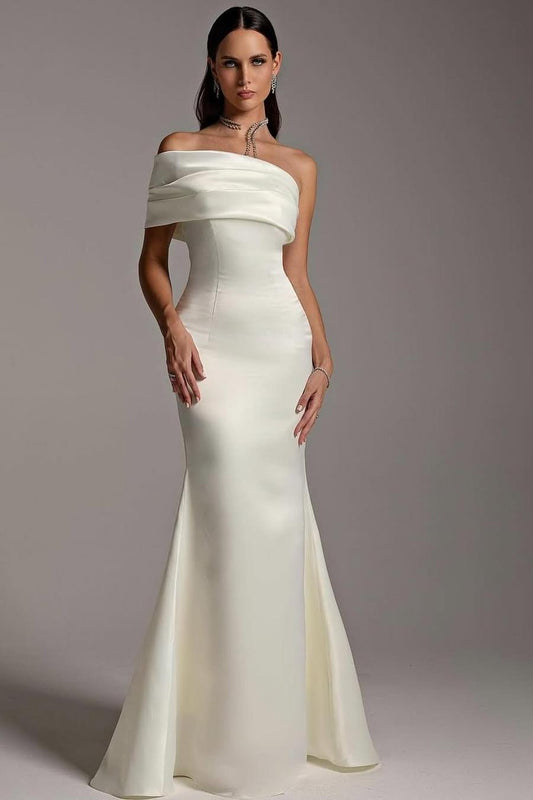 Elegant White Satin Long Mermaid Wedding Dress with One Shoulder and Strapless Pleated Design