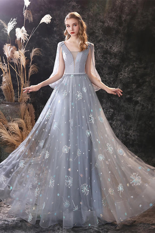 New Arrival Grey Ruffles Long Prom Dress Tulle With Embrodiary