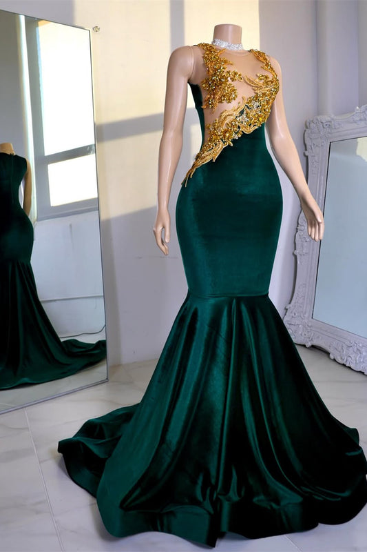 Modern Dark Green Sleeveless Mermaid Prom Dress Scoop With Gold Beadings