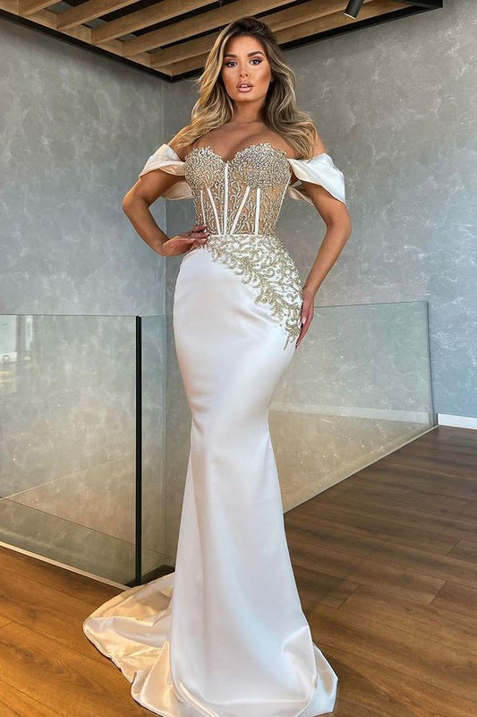 Gorgeous White Off-the-Shoulder Mermaid Prom Dress Long With Beads