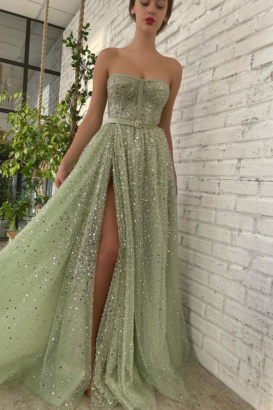 Glamorous Sage Green Strapless Prom Dresses Long Split With Sequins Beads