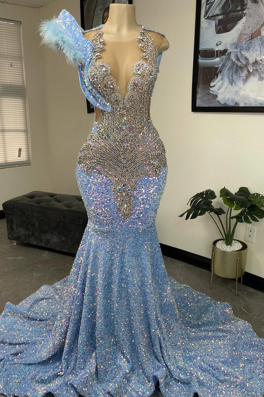 Modern Sky Blue Sequins Prom Dress Mermaid Long With Beadings Feather
