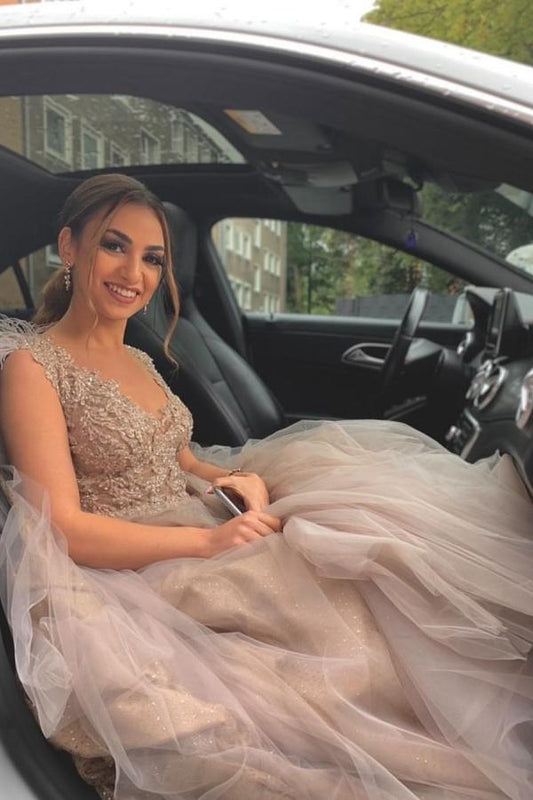 Elegant V-neck A-line Bridal Gown in Tulle Lace with Feathers