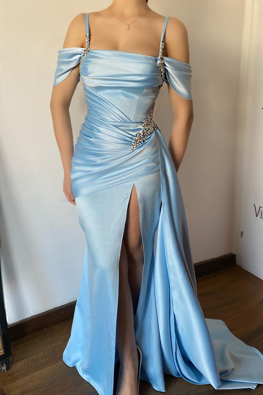 New Arrival Sky Blue Off-The-Shoulder Spaghetti-Straps Mermaid Prom Dress Beaded With Split