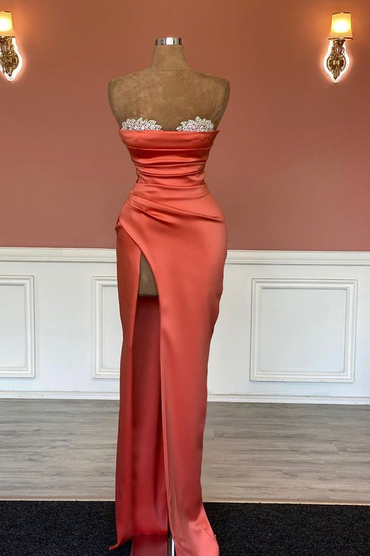 Gorgeous Strapless Mermaid Prom Dress Beads Pleated With Split