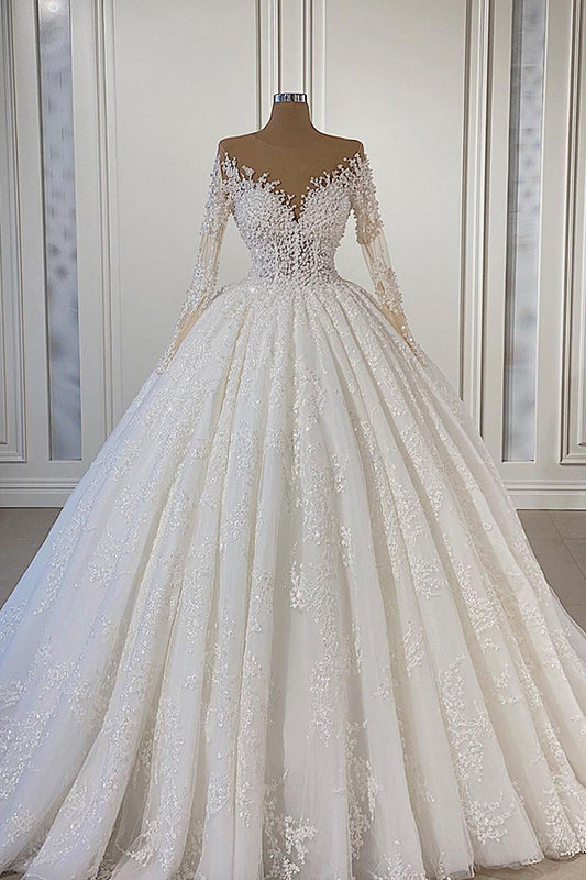 Elegant Long-Sleeve Wedding Gown with Classic Lace Beads