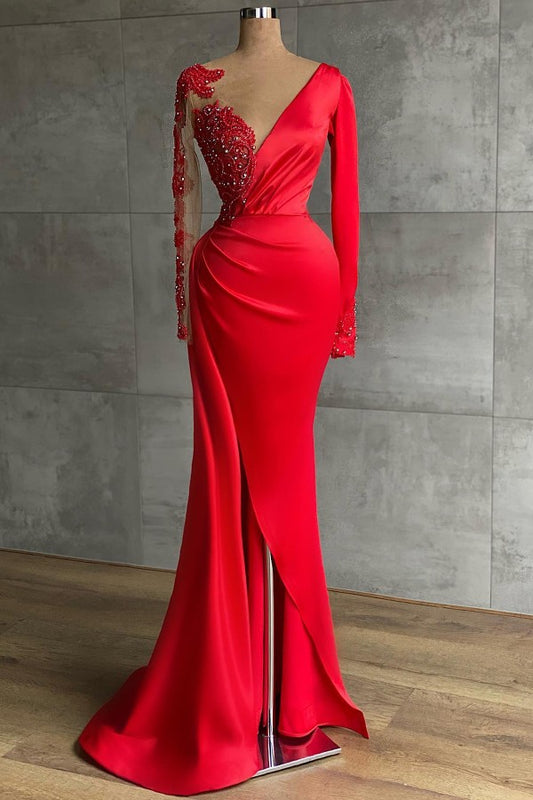 Red Long Sleevess Beadings Prom Dress Mermaid With Slit