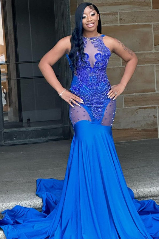 Modern Royal Blue Sleeveless Mermaid Prom Dress Tulle With Beadings
