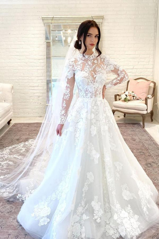Elegant High Neck A-line Wedding Gown Featuring Lace Sleeves and Open Back