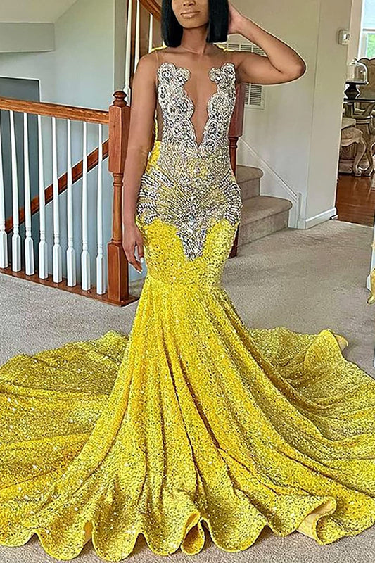 Classic Yellow Sequins Prom Dress Mermaid Sleeveless With Crystal