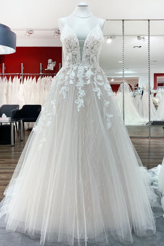 Elegant Princess V-Neck Wedding Gown with Long Spaghetti Straps and Sequined Lace Appliques