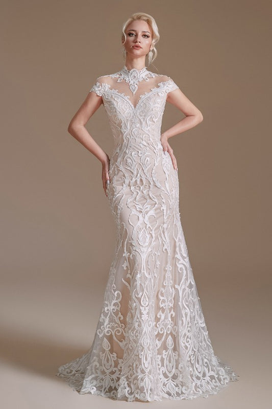 Elegant High-neck Long Lace Mermaid Wedding Dress With Sleeves